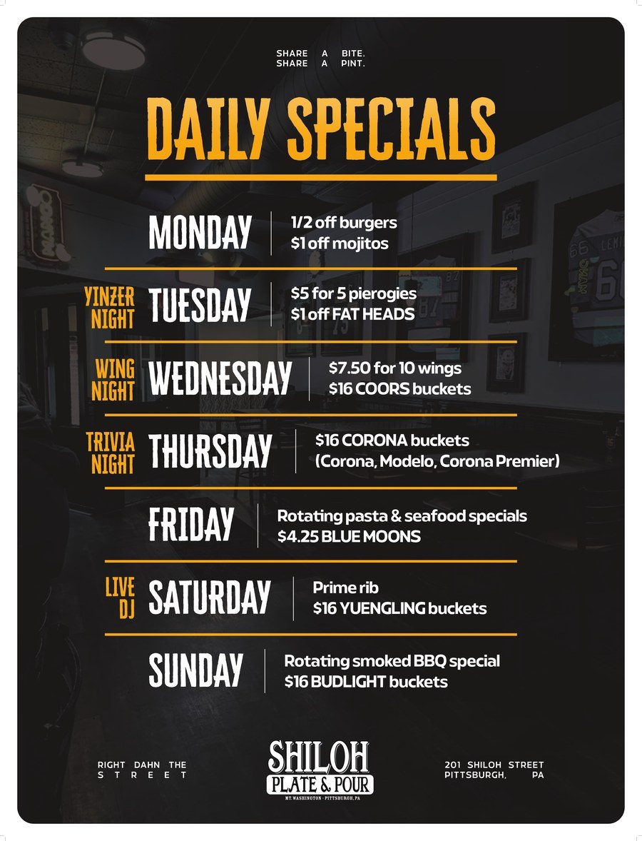 Daily specials at Shiloh Plate & Pour — Wing Night, Trivia Night, Yinzer Night, Live DJ and more