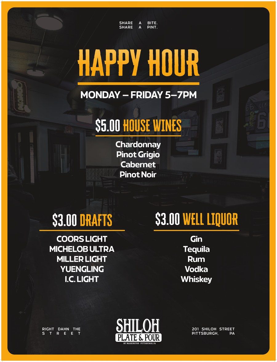 Happy Hour specials at Shiloh Plate & Pour — Mon–Fri 5–7PM, $5 house wines, $3 drafts, $3 well liquor